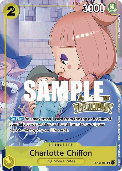 A promo trading card featuring the character Charlotte Chiffon (Offline Regional 2023) [Participant] [One Piece Promotion Cards] from the Big Mom Pirates in a hug with her child. The One Piece Promotion Cards highlight her pink hair, pale skin, and red lipstick. It has a yellow border with "2" in the top left and "3000" in the top right, along with text describing her abilities. This card is produced by Bandai.