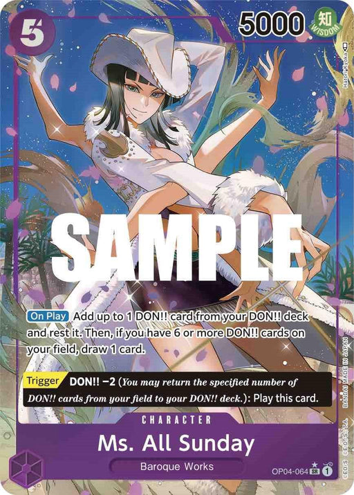 Image of a Super Rare trading card. The card features a dark-haired woman in a white hat and dress, standing against a backdrop of mystical, glowing trees. The card's title reads "Ms. All Sunday (Alternate Art) [Kingdoms of Intrigue]." It includes character specifics, a "5000" power rating, descriptions of game mechanics from Kingdoms of Intrigue, and the text "SAMPLE." This stunning piece is brought to you by Bandai.