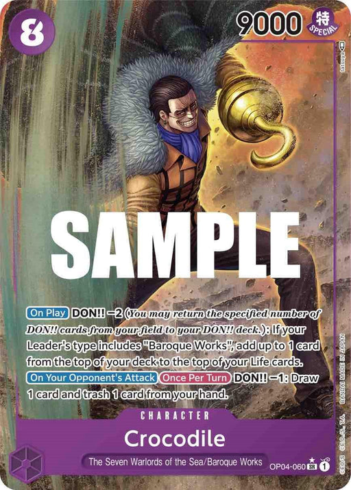 A Bandai trading card titled "Crocodile (Alternate Art) [Kingdoms of Intrigue]" with a power value of 9000. It features a man in a fur-lined coat holding a golden hook. The card has "SAMPLE" written across it, and descriptive text and abilities are provided. Part of the "Kingdoms of Intrigue/Baroque Works" set, it's numbered OP04-060.