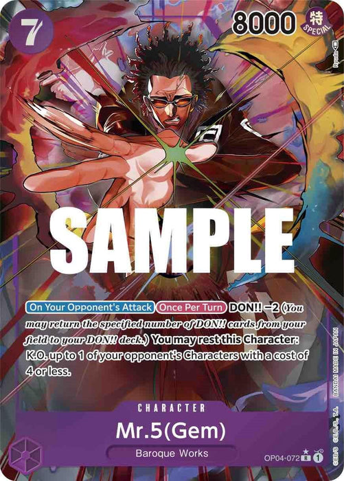 Trading card featuring "Mr.5(Gem) (Alternate Art) [Kingdoms of Intrigue]" by Bandai. This rare character card has a 7 cost, 8000 power, and a special ability: On opponent's attack, DON!! -2 to rest this character and KO one of the opponent's characters with a cost of 4 or less. The upper part reads "SAMPLE" in large white letters.