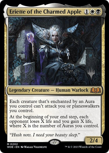 Illustration of a Magic: The Gathering card titled "Eriette of the Charmed Apple (Promo Pack) [Wilds of Eldraine Promos]." This Legendary Creature, a Human Warlock from the Wilds of Eldraine Promos series, depicts a pale, white-haired female in black armor holding a glowing orb. Her abilities are detailed in the text box. Power and toughness are 2/4 with casting cost of 1 white and