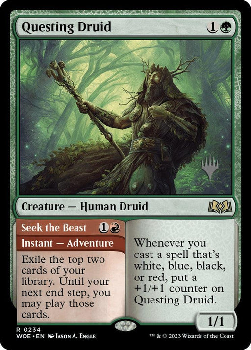 A Magic: The Gathering card named "Questing Druid (Promo Pack) [Wilds of Eldraine Promos]." This rare card costs one green and one generic mana. The illustration shows a 1/1 Human Druid with glowing green magic, featuring abilities like seek the beast (instant-adventure) and a +1/+1 counter condition.