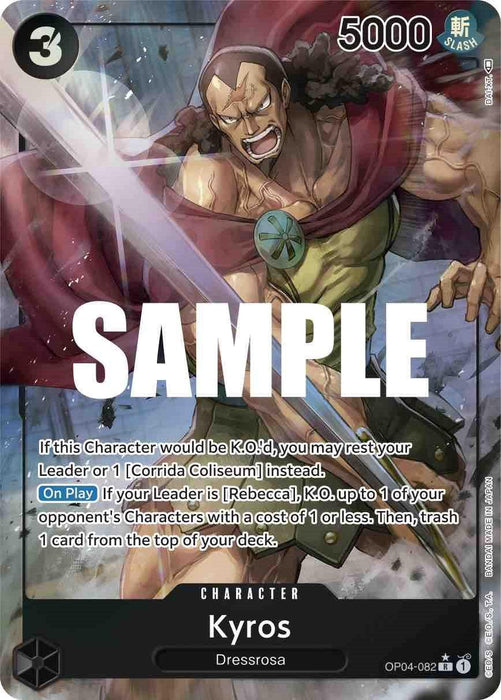 The image showcases a Kyros (Alternate Art) [Kingdoms of Intrigue] from Bandai. Featuring Kyros from Dressrosa, he stands battle-worn with a large sword and stern expression. His abilities and stats are prominently displayed, boasting a power of 5000 and a play cost of 3.