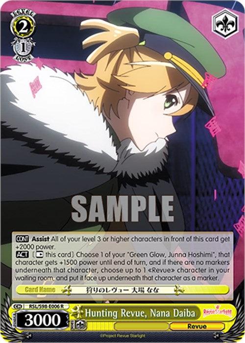 A rare character card from the "Revue Starlight The Movie" series featuring Nana Daiba. The card shows Nana in a military-style costume with a fur-trimmed cape and hat, looking to the side with a serious expression. It contains text detailing her abilities and stats, enhanced by Hunting Revue, Nana Daiba (RSL/S98-E006 R) [Revue Starlight The Movie] effects by Bushiroad.
