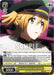 A super rare collectible card featuring Nana Daiba from Revue Starlight The Movie. Nana has blonde hair, green eyes, and wears a black cap and military-style uniform. The card includes various stats, abilities, and effects. The background is yellow and silver with intricate designs, ideal for any card game enthusiast. This is the Hunting Revue, Nana Daiba (RSL/S98-E006S SR) [Revue Starlight The Movie] by Bushiroad.