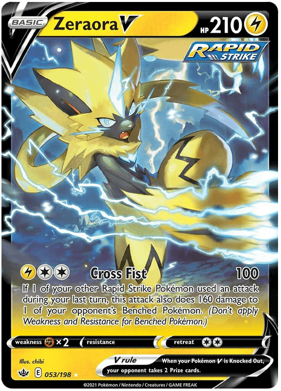 A Pokémon trading card featuring Zeraora V (053/198) [Sword & Shield: Chilling Reign] from Pokémon, a yellow and black, feline-like creature with blue eyes. The Ultra Rare card has 210 HP and the 