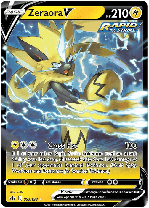 A Pokémon trading card featuring Zeraora V (053/198) [Sword & Shield: Chilling Reign] from Pokémon, a yellow and black, feline-like creature with blue eyes. The Ultra Rare card has 210 HP and the "Rapid Strike" label. It includes the attack "Cross Fist," dealing 100 damage, with an illustration of Zeraora in a dynamic battle stance amidst lightning.