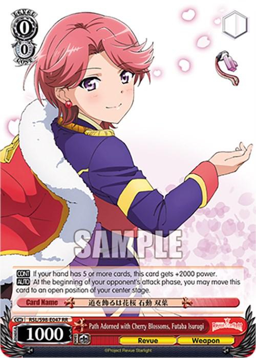 A Double Rare character card featuring "Path Adorned with Cherry Blossoms, Futaba Isurugi (RSL/S98-E047 RR) [Revue Starlight The Movie]" from Bushiroad. The character has short pink hair and holds a cherry blossom flower. She is wearing a purple and gold uniform, smiling, with a petal-covered background. The card has red and white borders with text on it.