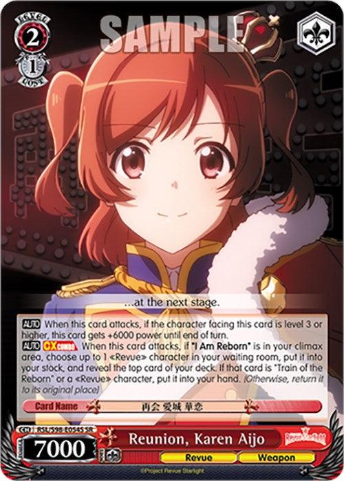 A Super Rare character card titled "Reunion, Karen Aijo (RSL/S98-E054S SR) [Revue Starlight The Movie]" from Bushiroad features an anime character with short red hair and bright eyes, dressed in a decorative, ornate outfit. With stats like level 2, cost 1, power 7000 and vibrant background art, it describes various abilities.