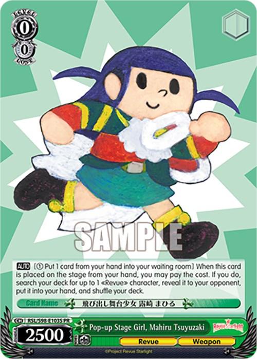 A promo card featuring a Revue Starlight The Movie character dressed as a Christmas elf with a festive background. She has dark hair tied in pigtails, wears a green outfit with yellow accents, and holds a large candy cane. The card details, stats, and abilities are visible at the bottom, with "Sample" written across the image. The product is Pop-up Stage Girl, Mahiru Tsuyuzaki (RSL/S98-E103 PR) (Foil) [Revue Starlight The Movie] by Bushiroad.