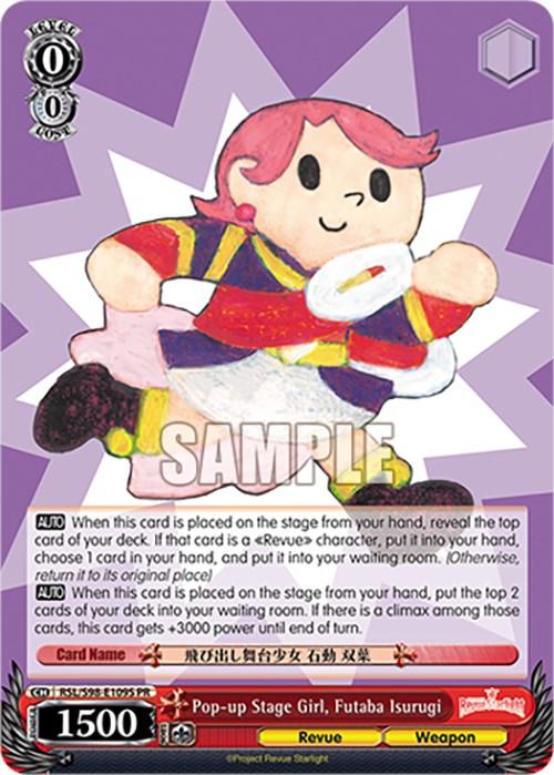 A collectible Character Card from Bushiroad featuring "Pop-up Stage Girl, Futaba Isurugi (RSL/S98-E109S PR) (Foil) [Revue Starlight The Movie]" holding a red and yellow microphone. She dons a red and purple outfit with a white apron, complete with short red hair. The Promo card includes intricate game-related text and stats at the bottom.