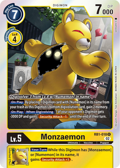 A rare Digimon card for Monzaemon. The Monzaemon [RB1-018] [Resurgence Booster] card by Digimon depicts a large, yellow teddy bear Digimon with stitches and an angry expression. It has a play cost of 7, level 5, 7000 DP, and is Vaccine type. It includes various abilities like Digivolve and Security Attack +1.