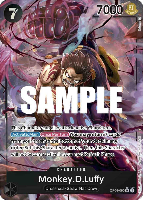 A Bandai Monkey.D.Luffy (Alternate Art) [Kingdoms of Intrigue] featuring Monkey.D.Luffy from the Dressrosa/Straw Hat Crew, enveloped in swirling red energy and in an action pose. Part of the Kingdoms of Intrigue series, this card boasts a power level of 7000 with text describing its abilities. "SAMPLE" is overlaid on the image.