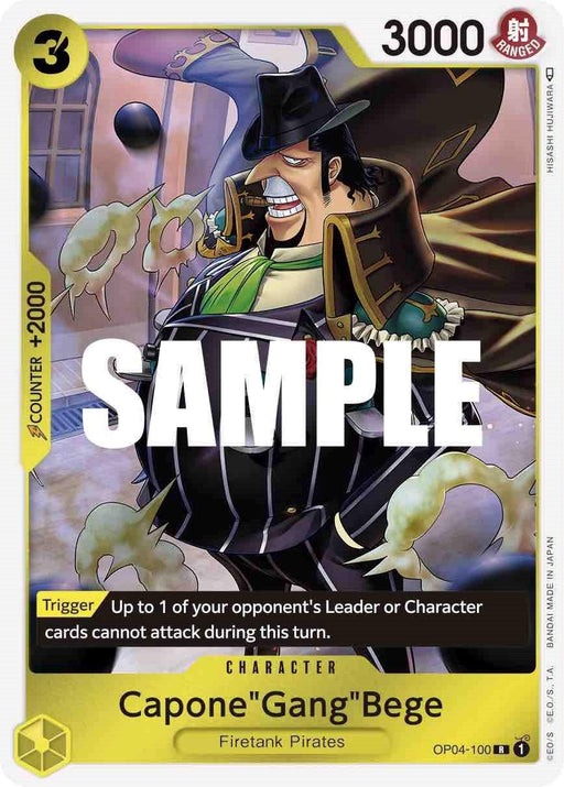 A rare character trading card featuring "Capone 'Gang' Bege," a key figure in the One Piece universe. With 3000 power and a 3 cost, it has an action ability to prevent one opponent's leader or character from attacking this turn. The card, set against a yellow background with "SAMPLE" overlaid, is part of the Capone"Gang"Bege [Kingdoms of Intrigue] series by Bandai.