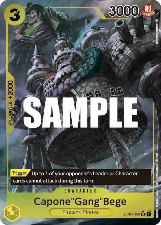 A rare character card from the "Kingdoms of Intrigue" trading card game, featuring Capone"Gang"Bege (Alternate Art) [Kingdoms of Intrigue]. With 3000 power and a cost of 3, it boasts a trigger ability that prevents one opponent's Leader or Character from attacking this turn. Illustrated with a fortress-like ship amid stormy skies.