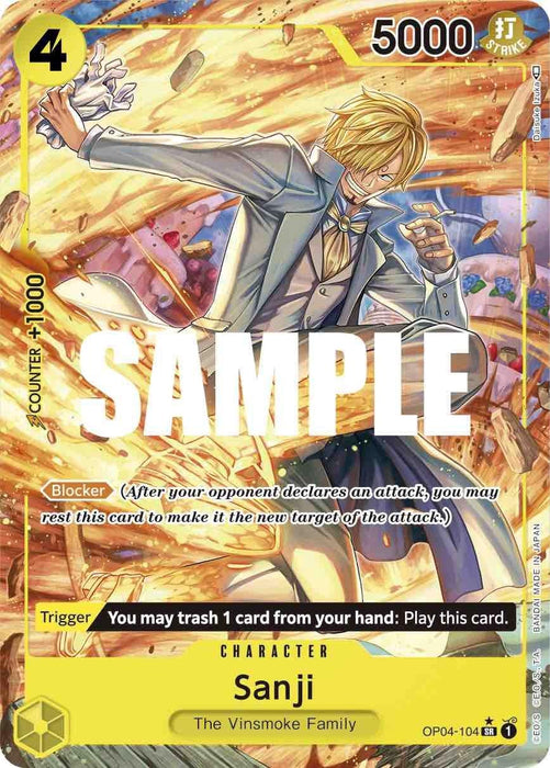 A Super Rare trading card featuring "Sanji (Alternate Art) [Kingdoms of Intrigue]" from "Bandai". The card has a gold border and shows the character in an action pose with flames around his leg. With a power value of 5000, a cost of 4, and the "Blocker" ability, it also includes a "Trigger" effect. ID: OP04-104.