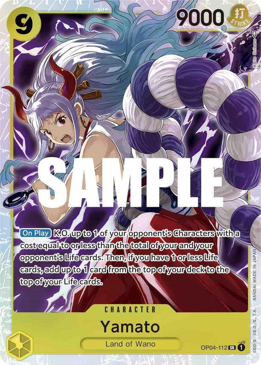 A Bandai Yamato [Kingdoms of Intrigue] trading card from the Kingdoms of Intrigue featuring Yamato from the Land of Wano. Yamato has long blue hair tied in a ponytail, wears a red ribbon, and wields a large club. The card has yellow and purple borders, with a power level of 9000. Text explains the character's abilities, and "SAMPLE" is watermarked across the front.