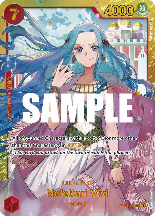 A Secret Rare trading card features Nefeltari Vivi, a character with long blue hair wearing a white dress with pink accents, standing gracefully. The card indicates a power level of 4000, a cost of 7 and includes abilities like "Rush." The background displays a fantasy-themed landscape with sparkling elements from the Bandai Nefeltari Vivi [Kingdoms of Intrigue] series.