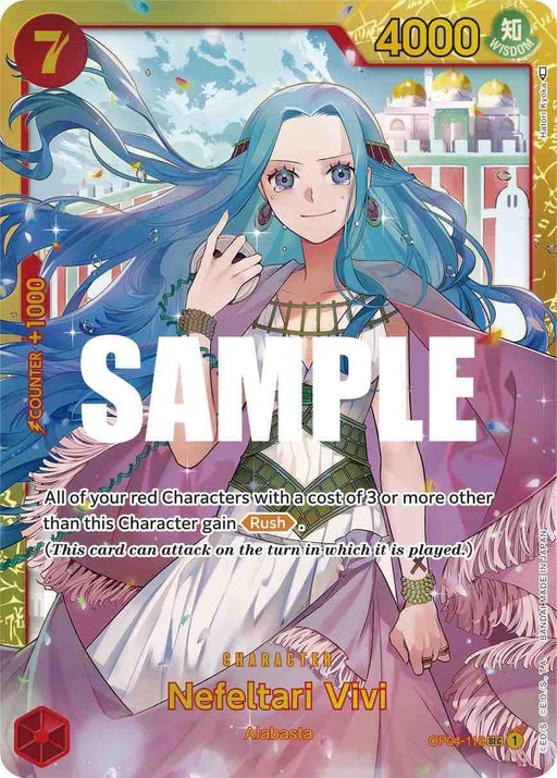 A Secret Rare trading card features Nefeltari Vivi, a character with long blue hair wearing a white dress with pink accents, standing gracefully. The card indicates a power level of 4000, a cost of 7 and includes abilities like "Rush." The background displays a fantasy-themed landscape with sparkling elements from the Bandai Nefeltari Vivi [Kingdoms of Intrigue] series.