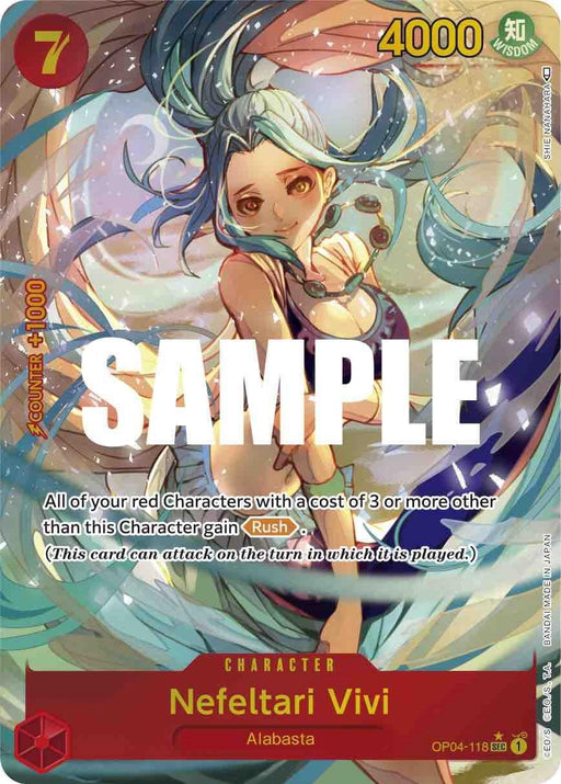 A trading card features Nefeltari Vivi (Alternate Art) [Kingdoms of Intrigue] by Bandai, a character from Alabasta in the Kingdoms of Intrigue series. This Secret Rare card shows Vivi with blue hair in a ponytail, wearing a white top and skirt. The red banner displays the number 7 and power 4000; text indicates special abilities and a counter +1000 attribute.