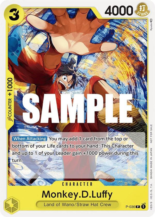 A trading card featuring Monkey.D.Luffy (Pre-Release Tournament) [One Piece Promotion Cards] from Bandai. Luffy is shown in an action pose with his arm extended. The card has a yellow background with hexagonal patterns and the text "SAMPLE" across the front. It includes stats: 4000 power, 3 cost, and effect description for when attacking.
