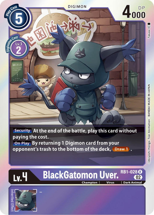 A rare Digimon card featuring "BlackGatomon Uver. [RB1-028] [Resurgence Booster]." The card, part of the Resurgence Booster set, has a blue border and depicts a dark feline character in a hooded, clawed outfit standing in an urban setting. It includes Digivolve Cost 2, Play Cost 5, 4000 DP, and effects related to playing and drawing cards.