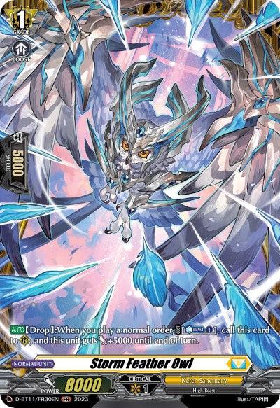 A fantasy trading card from “Cardfight!! Vanguard.” It features a powerful stormy blue owl with icy blue feathers, surrounded by shards of ice. The card, part of the Keter Sanctuary series, details the name "Storm Feather Owl (D-BT11/FR30EN) [Clash of Heroes]," its abilities, an 8000 power rating, and a 1 critical score. The card is produced by Bushiroad.