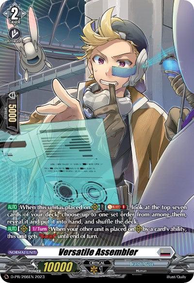 A trading card featuring Versatile Assembler (D-PR/266EN) [Clash of Heroes], a human character from the Brandt Gate collection by Bushiroad. The character is dressed in a brown jacket, beige scarf, and headset with microphone, working on electronic devices. The Promo Rare card boasts an attack power of 10000 and vibrant sci-fi artwork showcasing various abilities and effects.