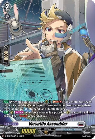 An anime-style card from the game Cardfight!! Vanguard featuring "Versatile Assembler (Foil) (D-PR/266EN-S) [Clash of Heroes]" by Bushiroad. This Promo Rare showcases a blonde, goggled mechanic holding a wrench with machinery in the background. Stats: Grade 2, 10000 Power, 1 Critical. Skills include deck search and a 1/Turn auto skill.