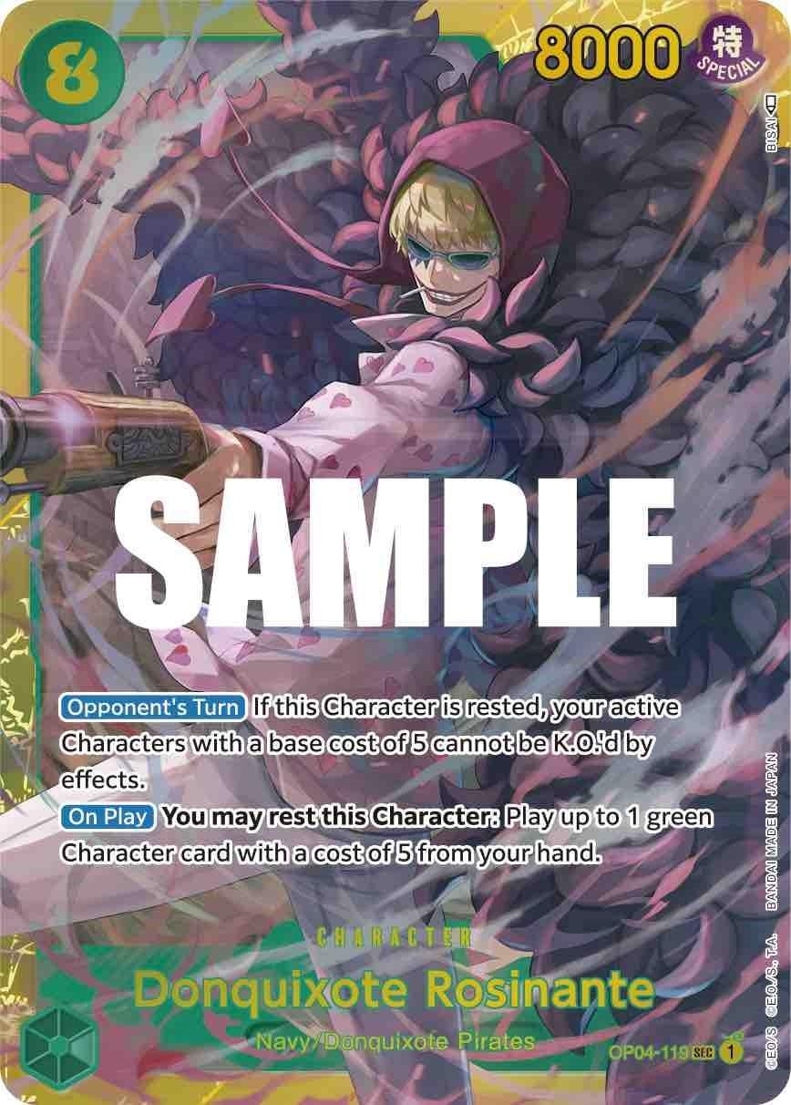 A Secret Rare One Piece trading card featuring Donquixote Rosinante [Kingdoms of Intrigue] by Bandai. The card has a yellow-green border, an 8000 power value, and special abilities detailed in the text. Rosinante is depicted in a purple cloak with a hood, holding a lollipop. The word 