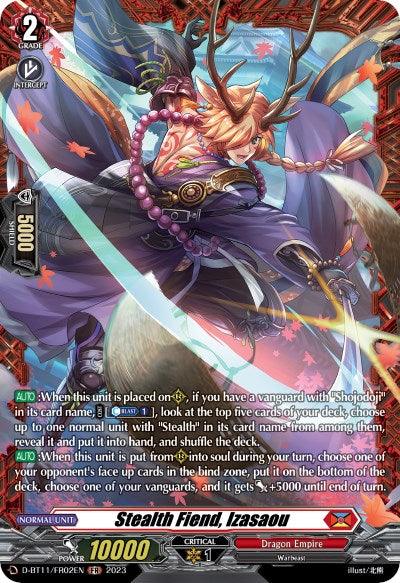 A fantasy trading card titled "Stealth Fiend, Izasaou (D-BT11/FR02EN) [Clash of Heroes]" from Bushiroad. The card features an armored, red-faced figure wielding a staff against a smoky, ethereal backdrop with magical effects. Its text details special abilities and values for gameplay within the Clash of Heroes series.