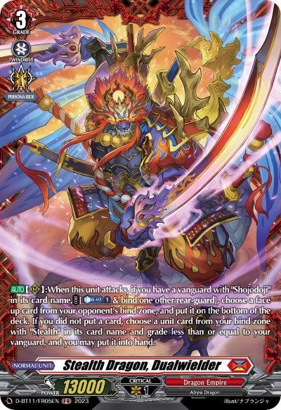 A trading card featuring "Stealth Dragon, Dualwielder (D-BT11/FR05EN) [Clash of Heroes]." The red and gold dragon warrior wields dual swords, with flames and sparks surrounding it. This Frame Rare card has a power of 13000, a grade of 3, one critical point, and belongs to the Dragon Empire. Text and instructions are at the bottom. This card is produced by Bushiroad.