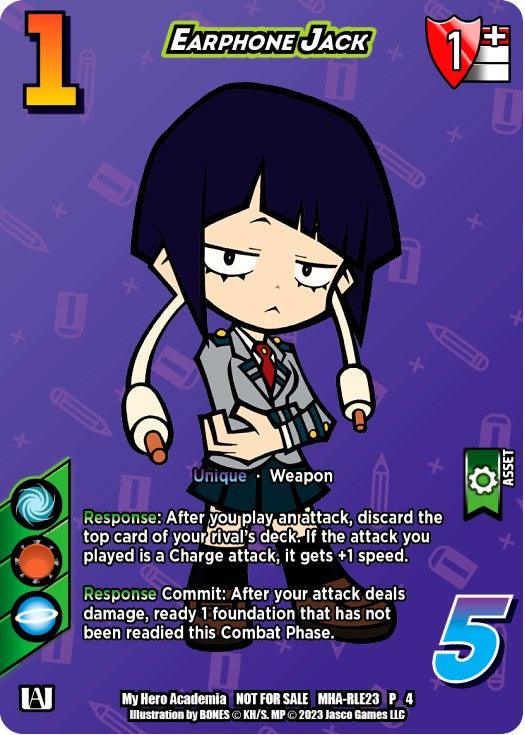 A card titled "Earphone Jack (Regional License Exam 2023)" from the UniVersus brand features a cartoon character with long black hair in a school uniform, holding earphone cables. This card, bordered in red, displays values of 1 and 5 and describes game actions involving its unique weapon during the combat phase.