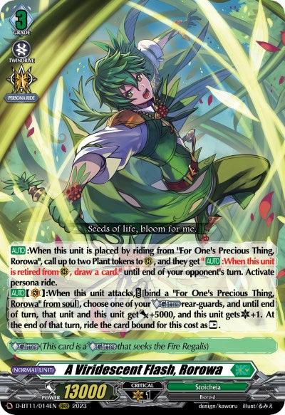 A card from the Vanguard trading card game titled "A Viridescent Flash, Rorowa (D-BT11/014EN) [Clash of Heroes]" by Bushiroad hailing from the Stoicheia nation. This Triple Rare features an elf-like character encircled by lush greenery, boasting Grade 3, 13000 power, and critical 1 stats. The card includes set information and flavor text.