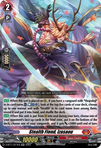 A Double Rare trading card featuring "Stealth Fiend, Izasaou (D-BT11/017EN) [Clash of Heroes]" from the Dragon Empire clan. The card showcases a fierce, armored warrior in dynamic motion, wielding dual swords with a spectral aura. The vibrant artwork and detailed game mechanics make it a standout in the Bushiroad series.