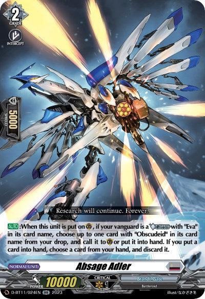 A Grade 2 card from the card game Cardfight!! Vanguard titled "Absage Adler (D-BT11/024EN) [Clash of Heroes]." Hailing from Brandt Gate, it depicts a mechanical, bird-like creature with expansive, metallic blue and white wings and a sleek armored body. It has a power of 10,000, with skill text detailed below the image. Flames and mechanical elements accentuate its futuristic design.
