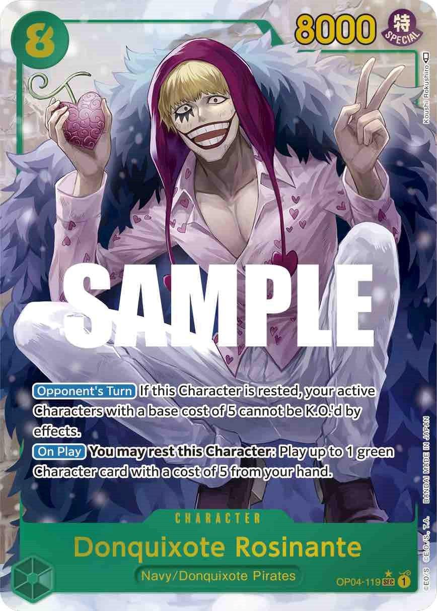 A Secret Rare trading card featuring Donquixote Rosinante (Alternate Art) [Kingdoms of Intrigue] from the One Piece universe by Bandai. Adorned in a purple and white feathered coat, he grins while holding a heart-shaped object. This Character Card boasts a power of 8000. Text below details abilities and game mechanics: 