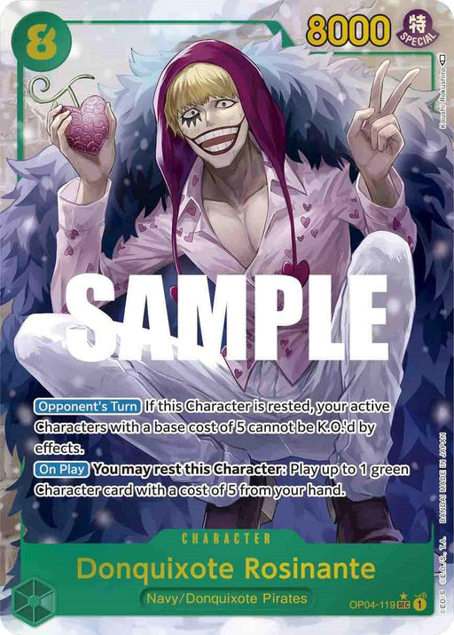 A Secret Rare trading card featuring Donquixote Rosinante (Alternate Art) [Kingdoms of Intrigue] from the One Piece universe by Bandai. Adorned in a purple and white feathered coat, he grins while holding a heart-shaped object. This Character Card boasts a power of 8000. Text below details abilities and game mechanics: "Opponent's Turn" and "On Play.