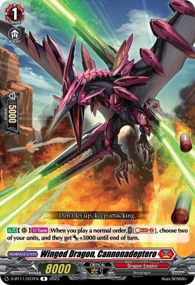 A trading card depicting a pink, mechanical dragon named "Winged Dragon, Cannonadeptero (D-BT11/037EN)" from Bushiroad. The dragon is flying amidst an action-packed, fiery background. The card has a power of 8000 and a shield value of 5000. Affiliated with the Dragon Empire in Clash of Heroes, the text describes the dragon's abilities.