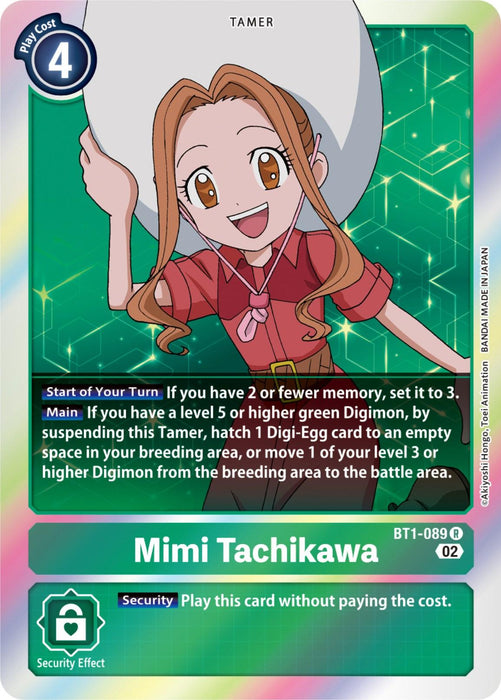 A Digimon trading card featuring Mimi Tachikawa, a Tamer with long hair and a pink outfit, holding a large egg. The Mimi Tachikawa [BT1-089] [Resurgence Booster] card has a play cost of 4 and includes various game instructions and effects, such as hatching a Digi-Egg and security instructions. The card number is BT1-089.