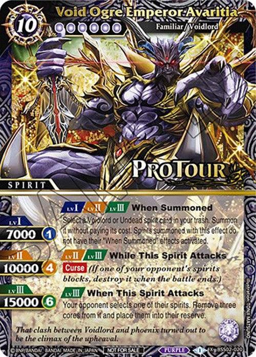 A Void Ogre Emperor Avaritia (X Rare Special Pack Vol. 2) (BSS02-020) [Battle Spirits Saga Promo Cards] from Bandai. The card features a powerful ogre with black armor, wings, and a menacing stance. Key stats include a cost of 10, 7000 BP, levels 1-3, and three special abilities. The design is highly detailed with vibrant colors and effects, making it a standout among promo cards.