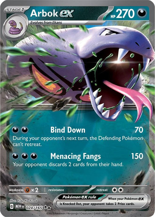 The image shows an Arbok ex (024/165) [Scarlet & Violet: 151] Pokémon card from the Scarlet & Violet: 151 series. This Double Rare card features Arbok ex with 270 HP, evolving from Ekans. Its attacks include 'Bind Down' which does 70 damage and prevents retreat, and 'Menacing Fangs' with 150 damage and a discard effect. The card is numbered 024/165.