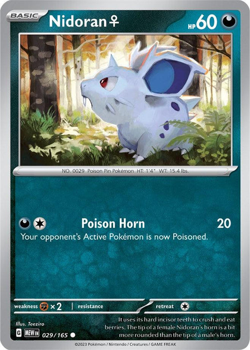 A Pokémon Nidoran F (029/165) [Scarlet & Violet: 151] card. It’s a Basic, Poison Pin Pokémon with 60 HP. The card features an illustration of Nidoran♀, a blue, rabbit-like creature with large ears, in a forest shrouded in darkness. Its move, "Poison Horn," deals 20 damage and poisons the opponent's Active Pokémon