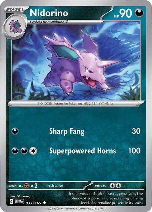 A Pokémon card featuring Nidorino, a purple rhinoceros-like creature with large front teeth and a single horn on its forehead. This Nidorino (033/165) [Scarlet & Violet: 151] card has 90 HP and showcases its two attacks: Sharp Fang (30 damage) and Superpowered Horns (100 damage). It boasts an Uncommon rarity with a gray border against blue and black backgrounds.