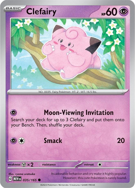 A Common Clefairy (035/165) [Scarlet & Violet: 151] card from Pokémon features Clefairy in a meadow of pink flowers and green foliage. Labeled as a Basic Pokémon with 60 HP, its abilities include "Moon-Viewing Invitation" and "Smack," which deals 20 damage. The card is numbered 035/165.