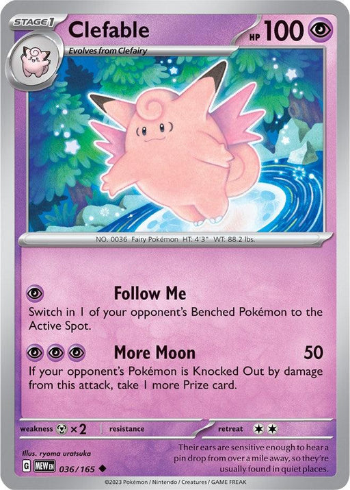 A Pokémon trading card featuring Clefable with 100 HP. This pink, fairy-type Pokémon stands on a cloud with a crescent moon in the background. It has abilities "Follow Me" and "More Moon." It's card number 036/165, part of the Scarlet & Violet: 151 set, illustrated by Iyama Aritsuka in a purple-themed style.

Product Name: Clefable (036/165) [Scarlet & Violet: 151]
Brand Name: Pokémon