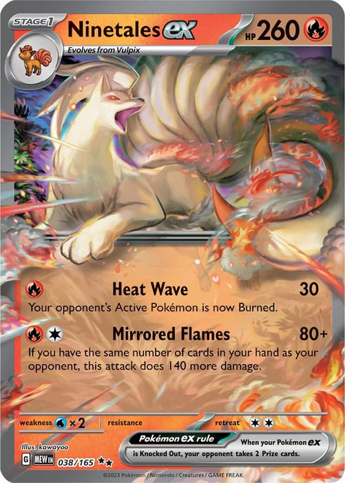 A Pokémon Trading Card featuring Ninetales ex (038/165) [Scarlet & Violet: 151] with an HP of 260, evolving from Vulpix. The card shows Ninetales surrounded by flames. It lists two moves: "Heat Wave" causing burn at 30 damage and "Mirrored Flames" at 80+ damage. This Fire-type Double Rare card is from the Pokémon Scarlet & Violet series, illustrated by Kawayoo and numbered