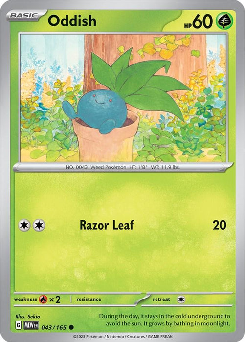 A common Pokémon card from the Scarlet & Violet series featuring Oddish, a blue plant-like creature with green leaves sprouting from its head. The card has 60 HP and displays an attack called Razor Leaf, which does 20 damage. Illustrated by Sekio and numbered Oddish (043/165) [Scarlet & Violet: 151] from Pokémon.