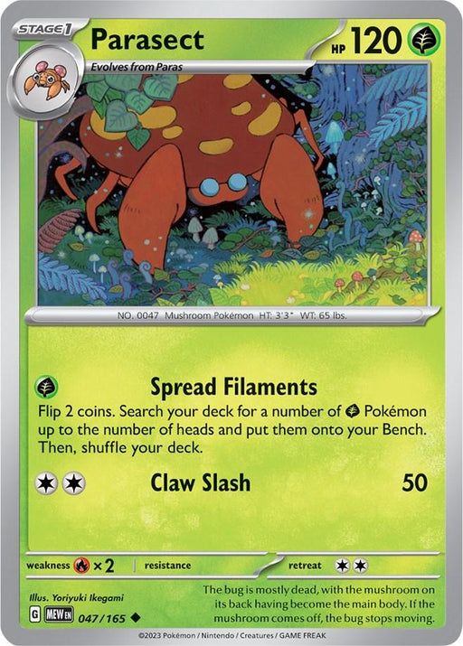 A Pokémon Parasect (047/165) [Scarlet & Violet: 151] trading card from the Pokémon series depicts Parasect, a crab-like creature with a large mushroom on its back and six legs. It has 120 HP and is a Grass type of Uncommon rarity. The card includes two moves: Spread Filaments and Claw Slash, with corresponding effects and damage. The card is number 047/165.