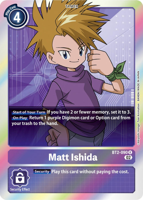 Introducing the Digimon card, Matt Ishida [BT2-090] (Resurgence Booster Reprint) from the Resurgence Booster set. This rare card features Tamer Matt Ishida with his signature spiky hair, a confident expression, and dressed in a purple turtleneck. With a play cost of 4, it comes with special effect text and a security effect. The background is vibrant and embellished with digital patterns.